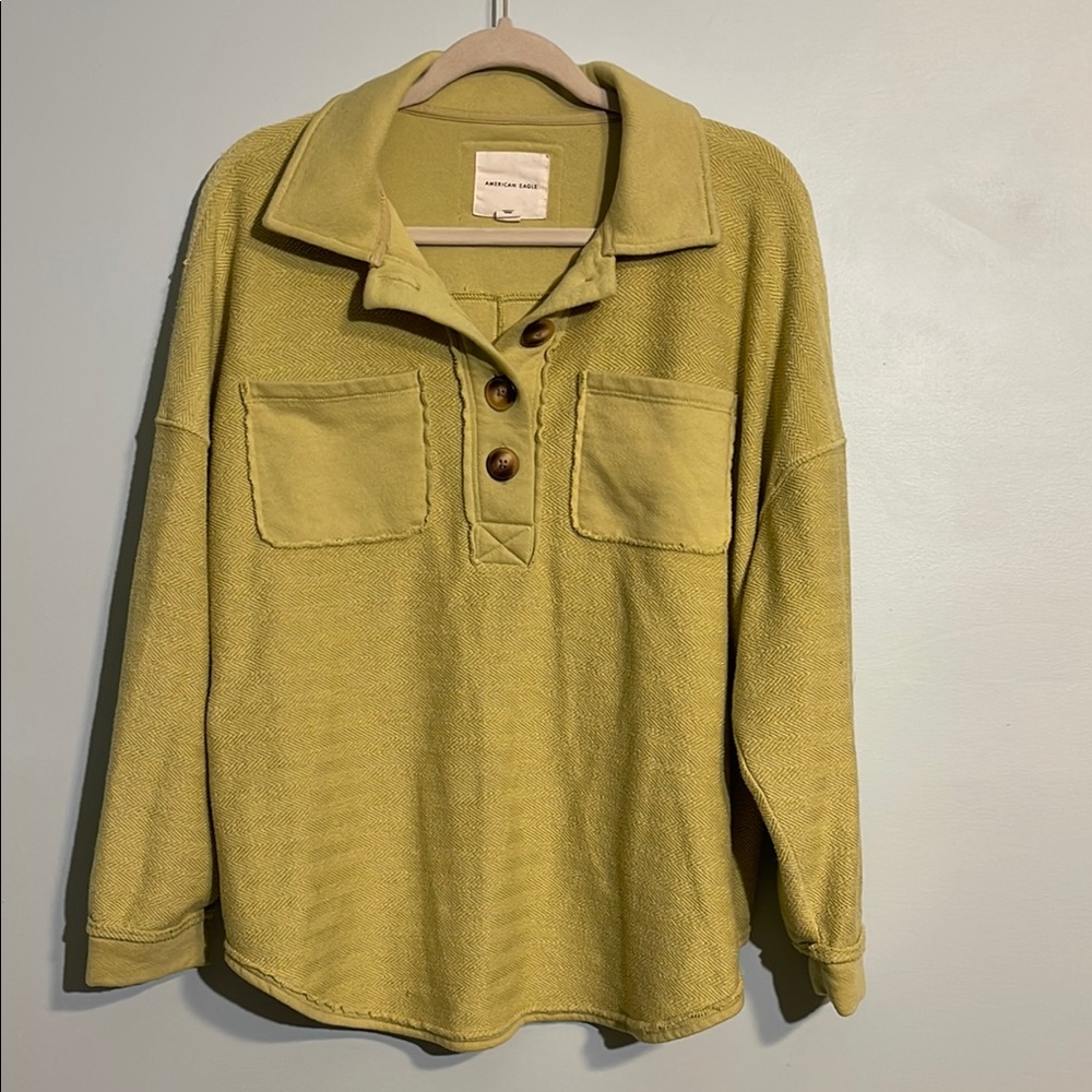 American Eagle Textured Terry Henley Sweatshirt Oversized Women’s XS Fresh Green